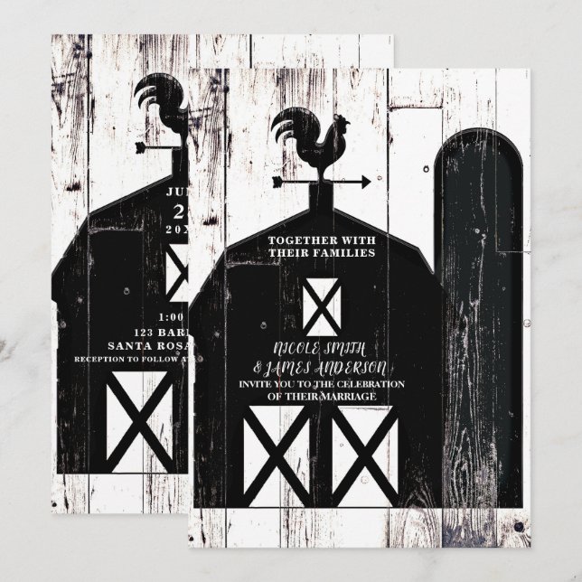 Invitation Mariage de Ferme Rustique Grange Noire Bois Blanc (Devant / Derrière)