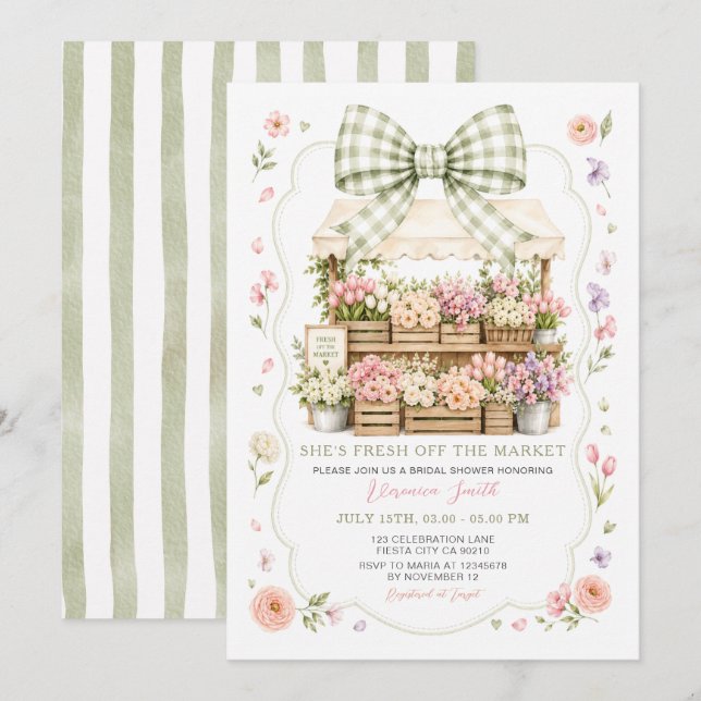 Invitation Mariage de Fête de Marché de Fleurs à Ruban Vert S (Devant / Derrière)