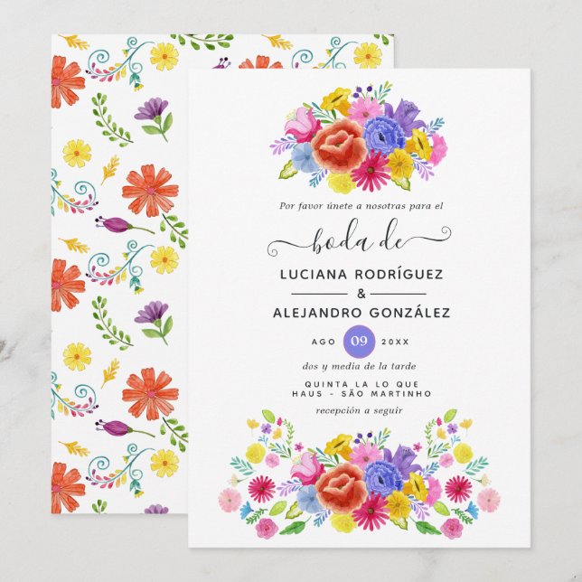Invitation Mariage de fête espagnole florale à l'aquarelle (Devant / Derrière)