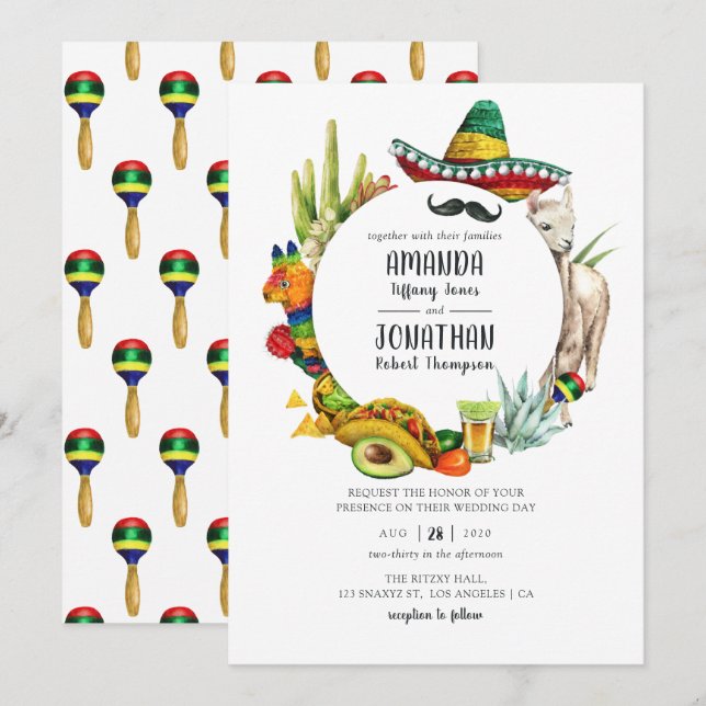 Invitation Mariage de fête mexicaine à l'aquarelle (Devant / Derrière)