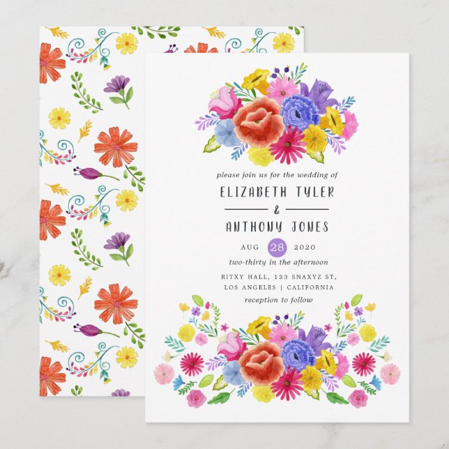 Invitation Mariage de fête mexicaine florale à l'aquarelle (Devant / Derrière)