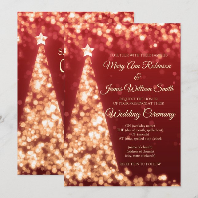 Invitation Mariage de Fêtes de Noël Rouge & Or Élégant (Devant / Derrière)