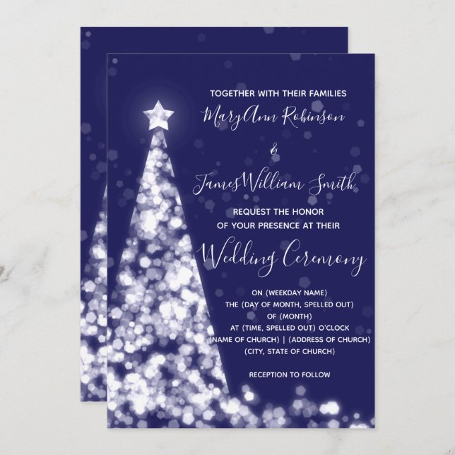 Invitation Mariage de fêtes élégant arbre de Noël argent mari (Devant / Derrière)