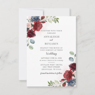 Invitation Mariage de feuillage à l'aquarelle bordeaux floral