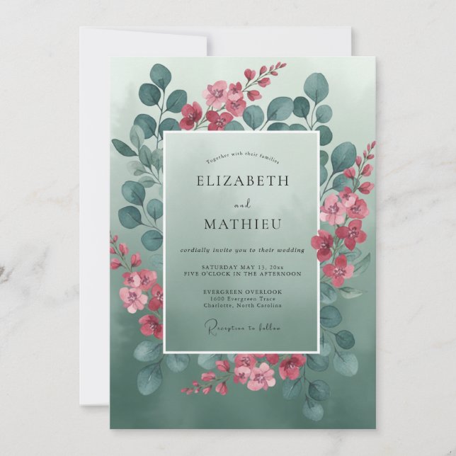 Invitation Mariage de feuillage aquarelle vert sauge (Devant)