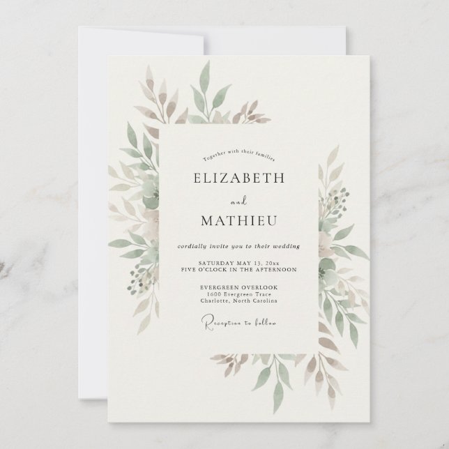 Invitation Mariage de feuillage biologique vert sauge (Devant)