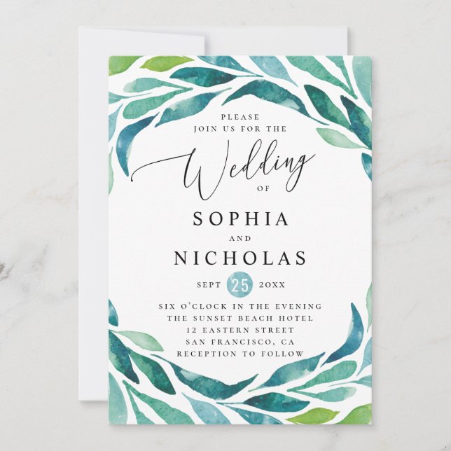 Invitation Mariage de feuillage botanique bleu vert aquarelle (Devant)