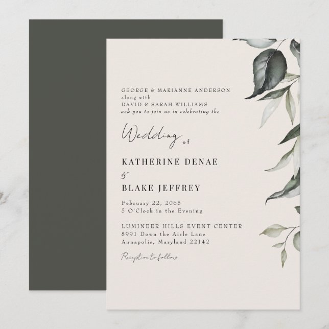 Invitation Mariage de feuillage botanique de Champagne (Devant / Derrière)