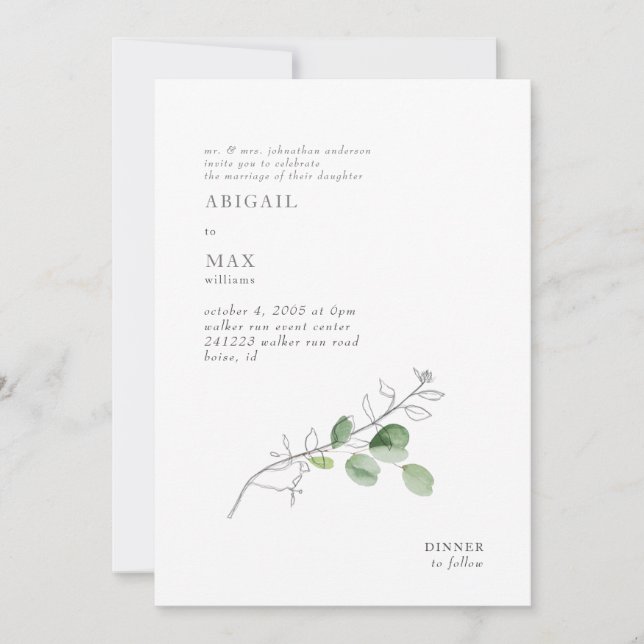 Invitation Mariage de feuillage botanique moderne blanc (Devant)