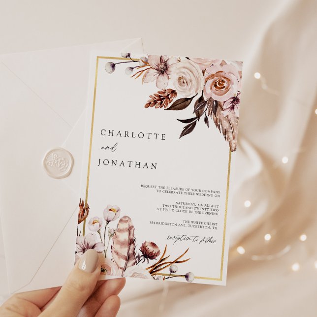 Invitation Mariage de feuillage couleur or rose et mauve (Créateur téléchargé)