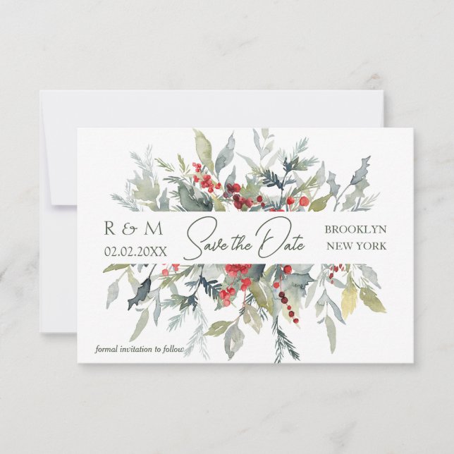 Invitation Mariage de feuillage de baies rouges Sauvez la dat (Devant)