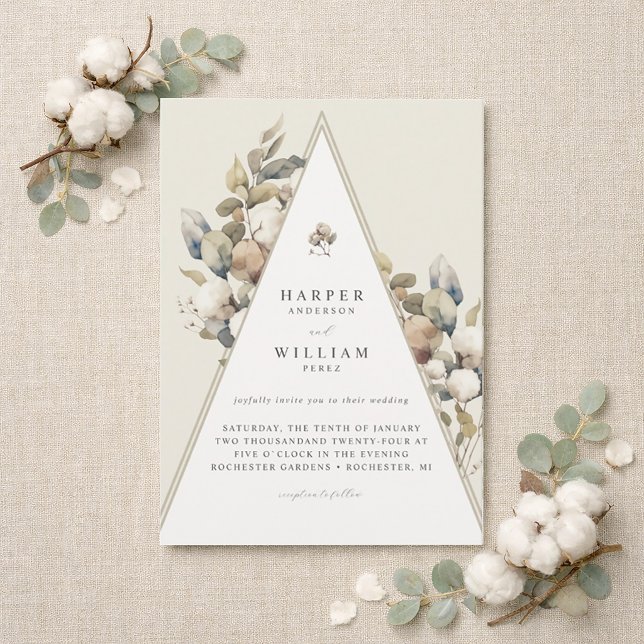 Invitation mariage de feuillage de coton triangulaire bohème (Rustic triangle wedding inviation featuring Cotton and eucalyptus, boho-wedding.)