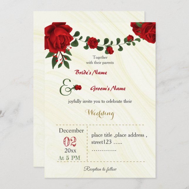 Invitation mariage de feuillage de fleurs rouges (Devant / Derrière)