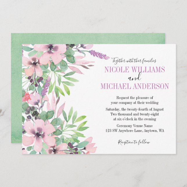 Invitation Mariage de feuillage de l'aquarelle Spring Lilac (Devant / Derrière)
