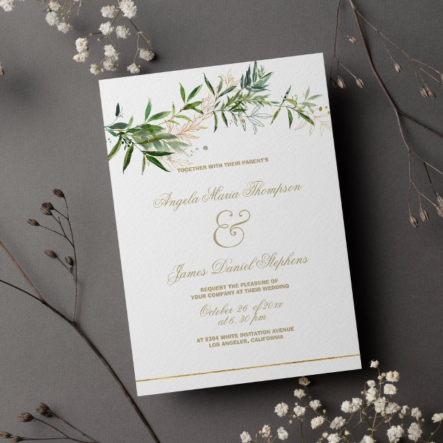 Invitation Mariage de feuillage de parties scintillant d'or v (Classy white green gold glitter foliage wedding )