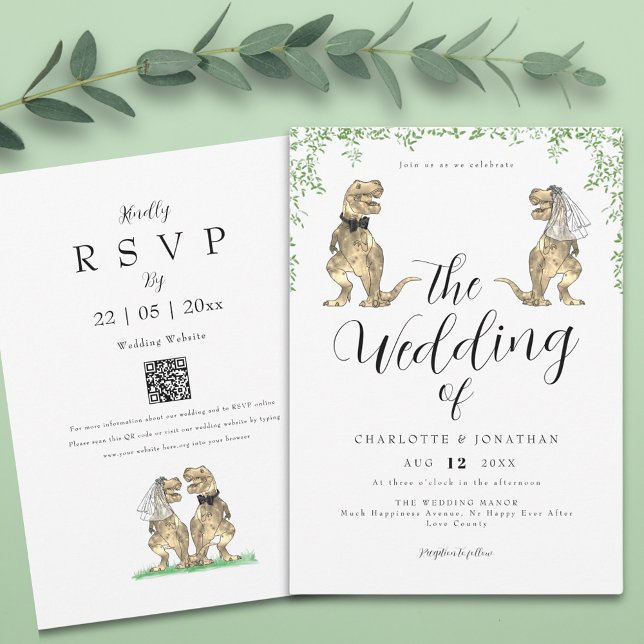 Invitation Mariage de feuillage Dinosaure Eucalyptus (Stylish Botanical dinosaur wedding invitation with qr code)