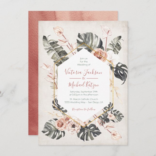 Invitation Mariage de feuillage en terre cuite et vert tropic (Devant / Derrière)