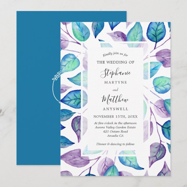 Invitation Mariage de feuillage Feuille violet turquoise (Devant / Derrière)