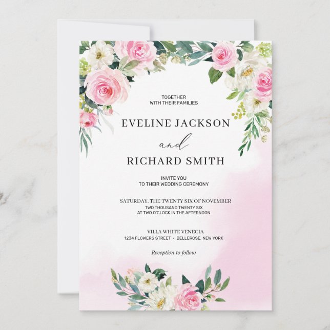 Invitation Mariage de feuillage fleuri rose vif (Devant)