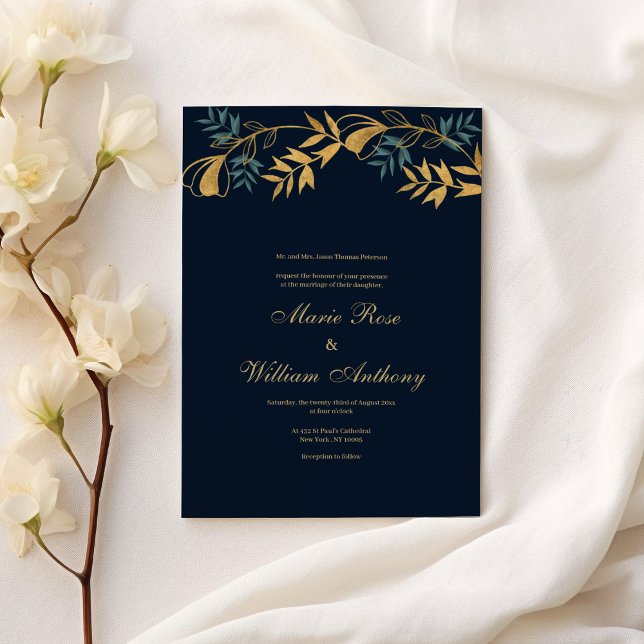 Invitation Mariage de feuillage gris bleu marine (Navy blue gold grayish cyan foliage Wedding )