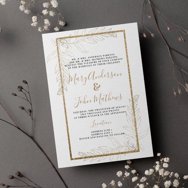 Invitation Mariage de feuillage parties scintillant or de lux (Chic luxury gold glitter foliage Wedding )