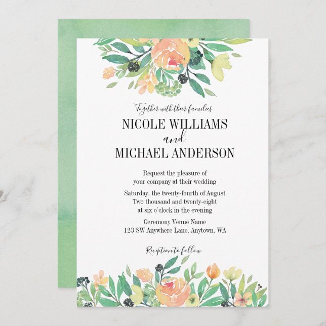 Invitation Mariage de feuillage RUSTIC Vert aquarelle pivoine (Devant / Derrière)