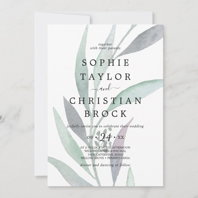 Invitation Mariage de feuillage teinté d'Eucalyptus pourpre e (Devant)