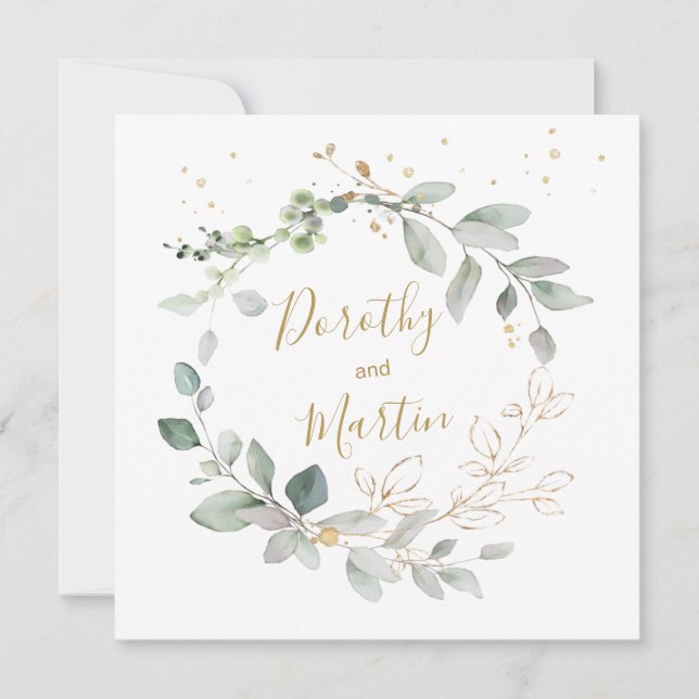 Invitation Mariage de feuillage vert et or (Devant)