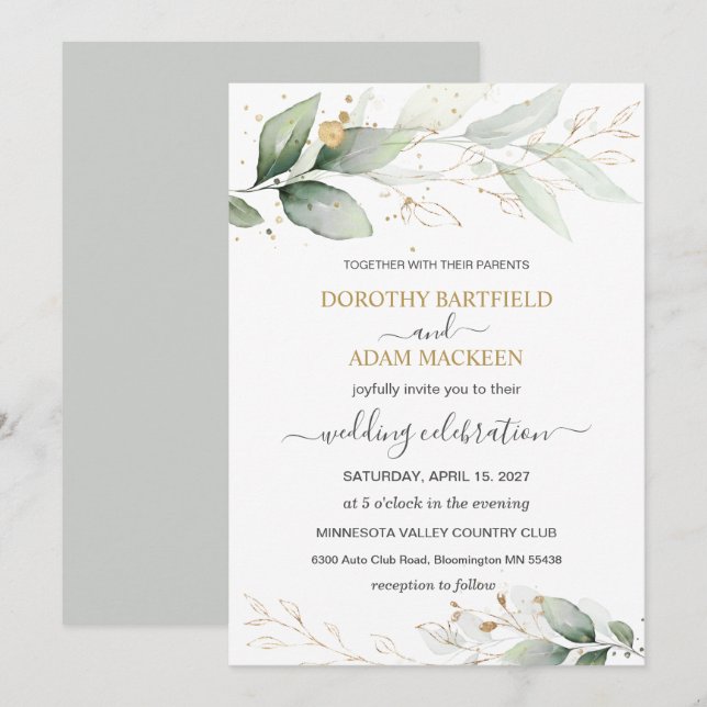 Invitation Mariage de feuillage vert et or (Devant / Derrière)
