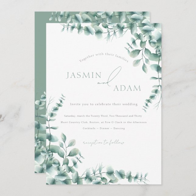 Invitation Mariage de feuillage vert Feuille Sage Eucalyptus (Devant / Derrière)