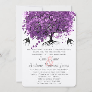 Invitation Mariage de feuille d'arbre de coeur violet radiant