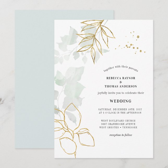Invitation Mariage de feuille d'or végétal (Devant / Derrière)