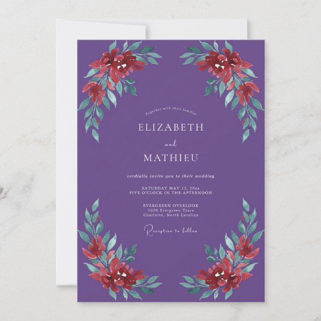 Invitation Mariage de feuille peinte violette (Devant)