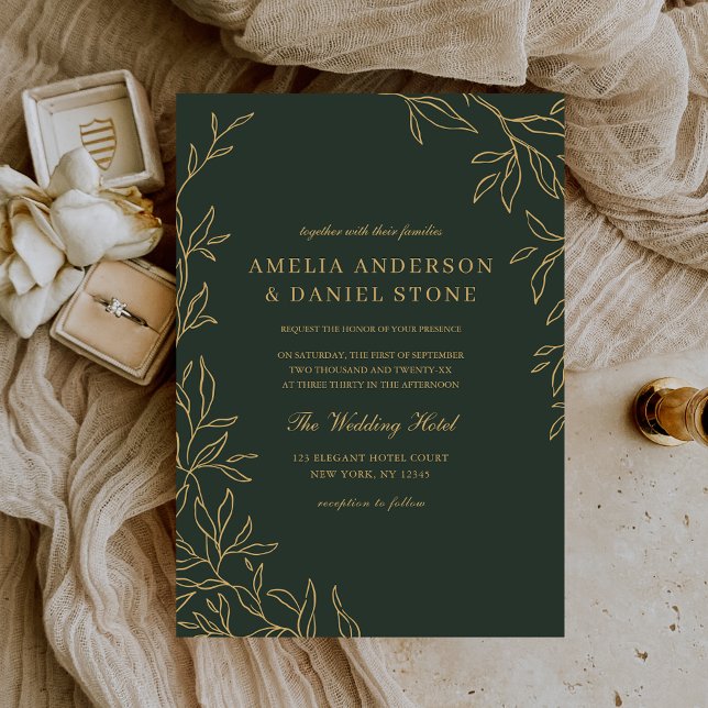Invitation Mariage de feuille verte minimal or (Créateur téléchargé)