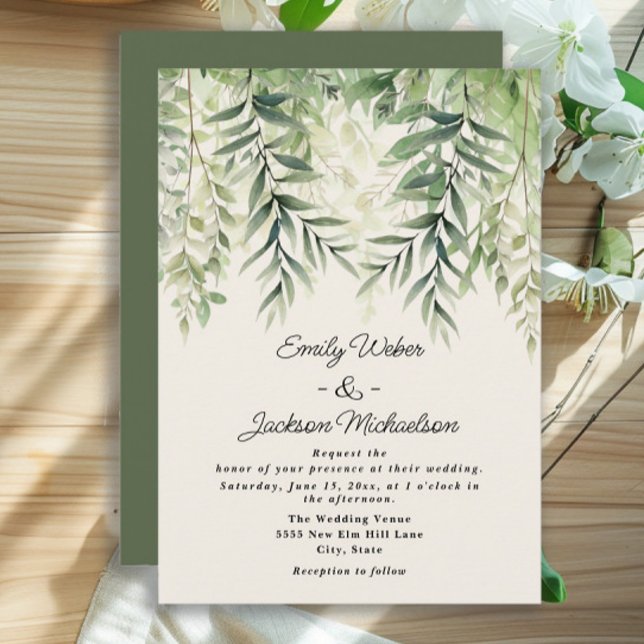 Invitation Mariage de feuilles d'aquarelle de verdure botaniq (Green leaves wedding invitation)