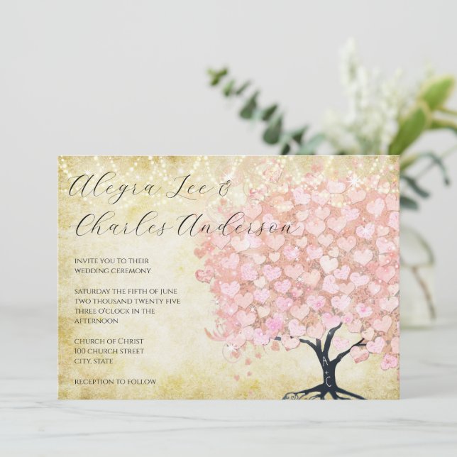Invitation Mariage de feuilles de coeur rose enchantée Fairyt (Debout devant)