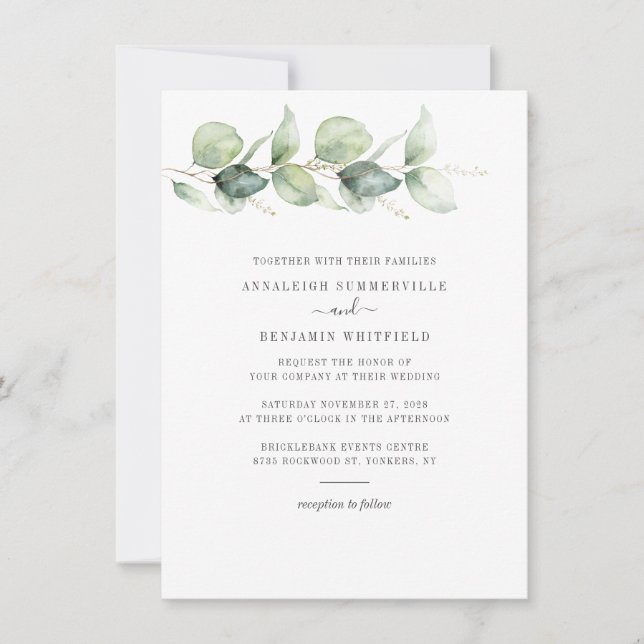 Invitation Mariage de feuilles de eucalyptus botanique verdur (Devant)