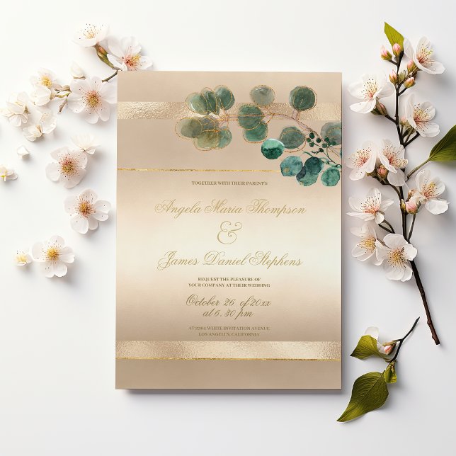 Invitation Mariage de feuilles de eucalyptus vert or luxe  (Luxury gold green eucalyptus leaves wedding)