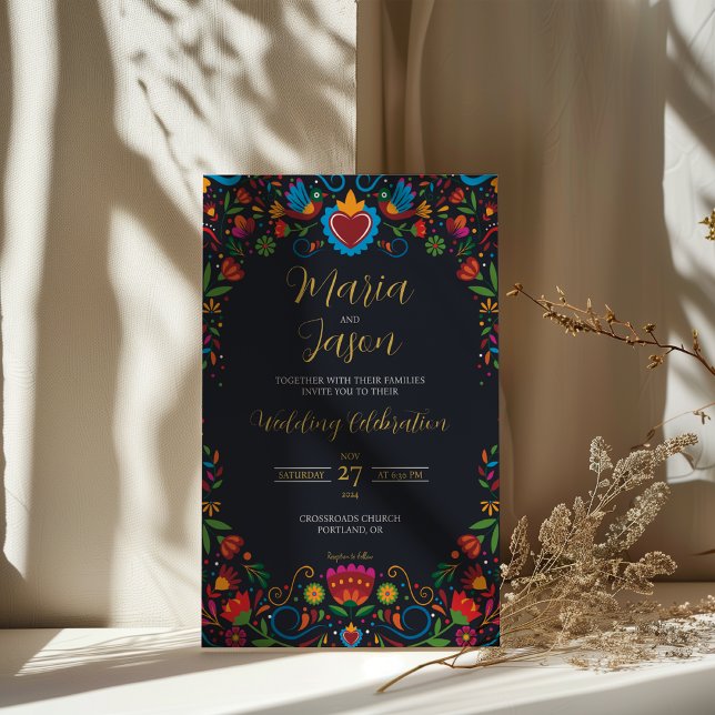 Invitation Mariage de Fiesta coloré Otomi noir mexicain (Mexican Black Floral Otomi Colorful Fiesta Wedding Invitation)