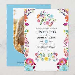 Invitation Mariage de Fiesta Mexicaine Bleu Ciel et Blanc Flo