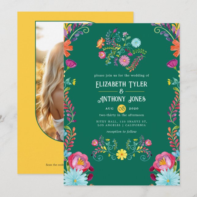 Invitation Mariage de Fiesta Mexicaine Vert Émeraude et Or (Devant / Derrière)
