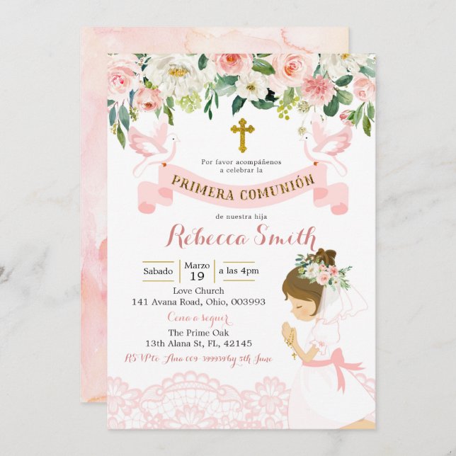 Invitation Mariage de fille espagnole Pink et Gold Primera (Devant / Derrière)