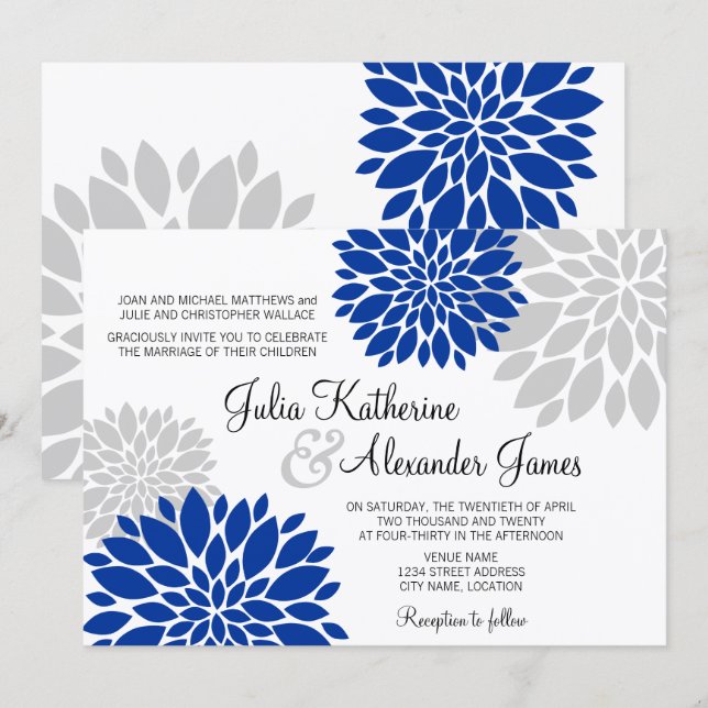 Invitation Mariage de flambée de fleurs Royal Blue et Silver  (Devant / Derrière)