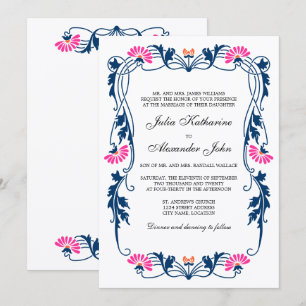 Invitation Mariage de flancs bleu marine et Fuchsia