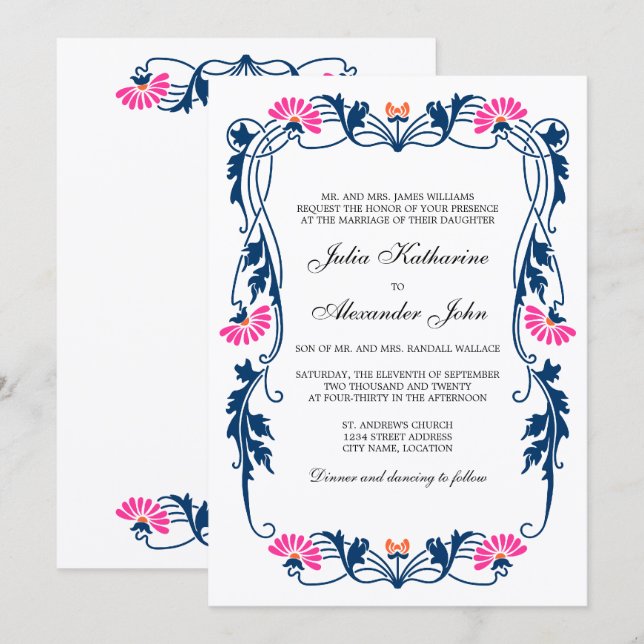 Invitation Mariage de flancs bleu marine et Fuchsia (Devant / Derrière)