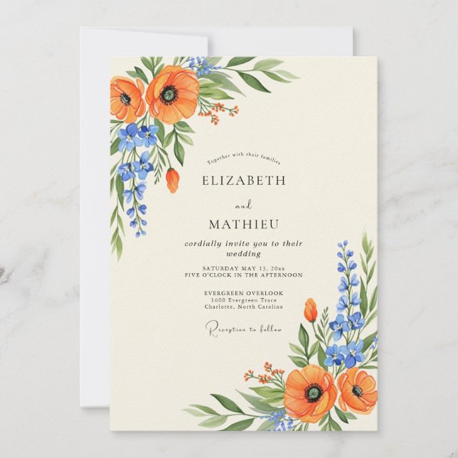 Invitation Mariage de Fleur Sauvage à l'Esprit Orange (Devant)