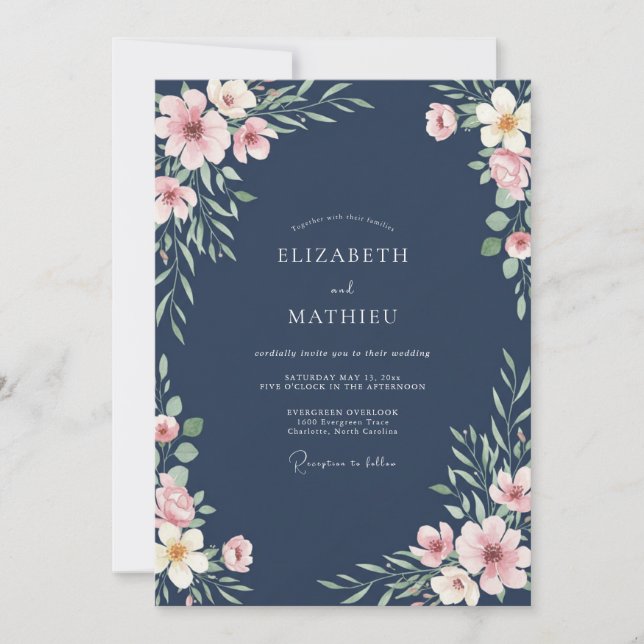 Invitation Mariage de Fleur Sauvage Acier Rougeâtre (Devant)