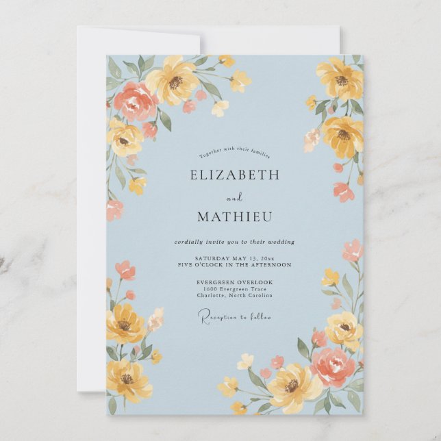 Invitation Mariage de Fleur Sauvage Bleu Poudre Joyeuse (Devant)