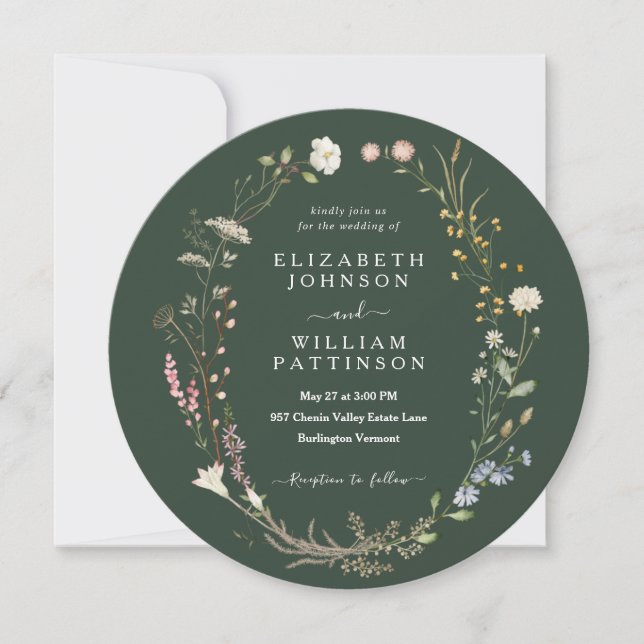 Invitation Mariage de Fleur sauvage couleur vert foncé rustiq (Devant)