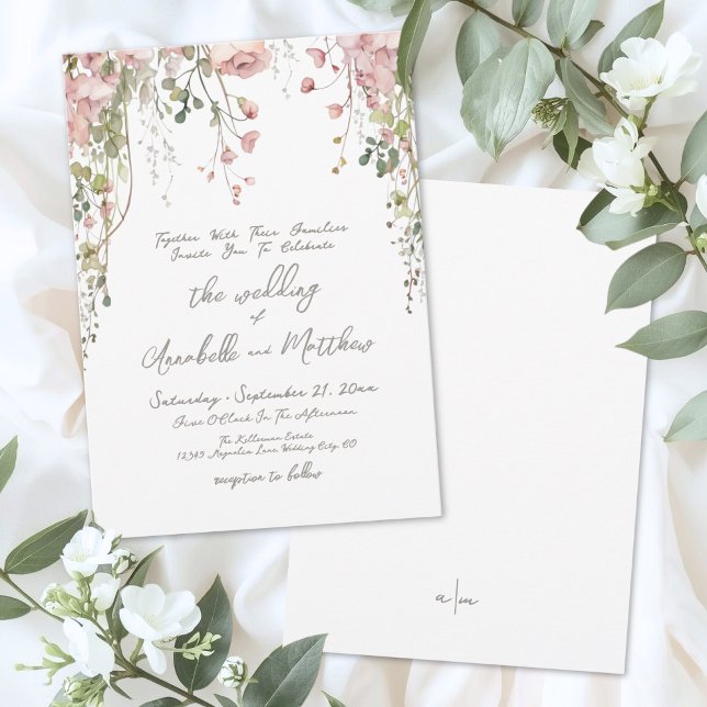 Invitation Mariage de Fleur sauvage d'aquarelle rose vif (Blush Pink Botanical Watercolor Wildflower Wedding Invitation)